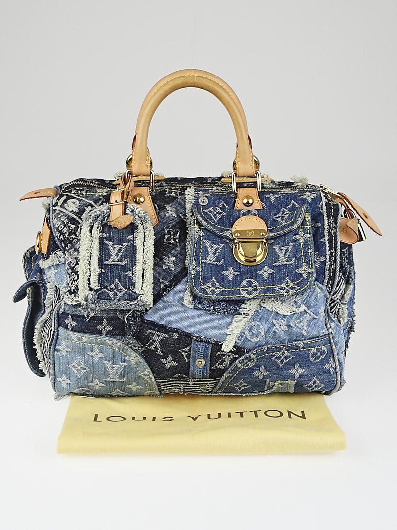 Louis Vuitton 2000s Gray Monogram Denim Patchwork Shoulder Bag · INTO